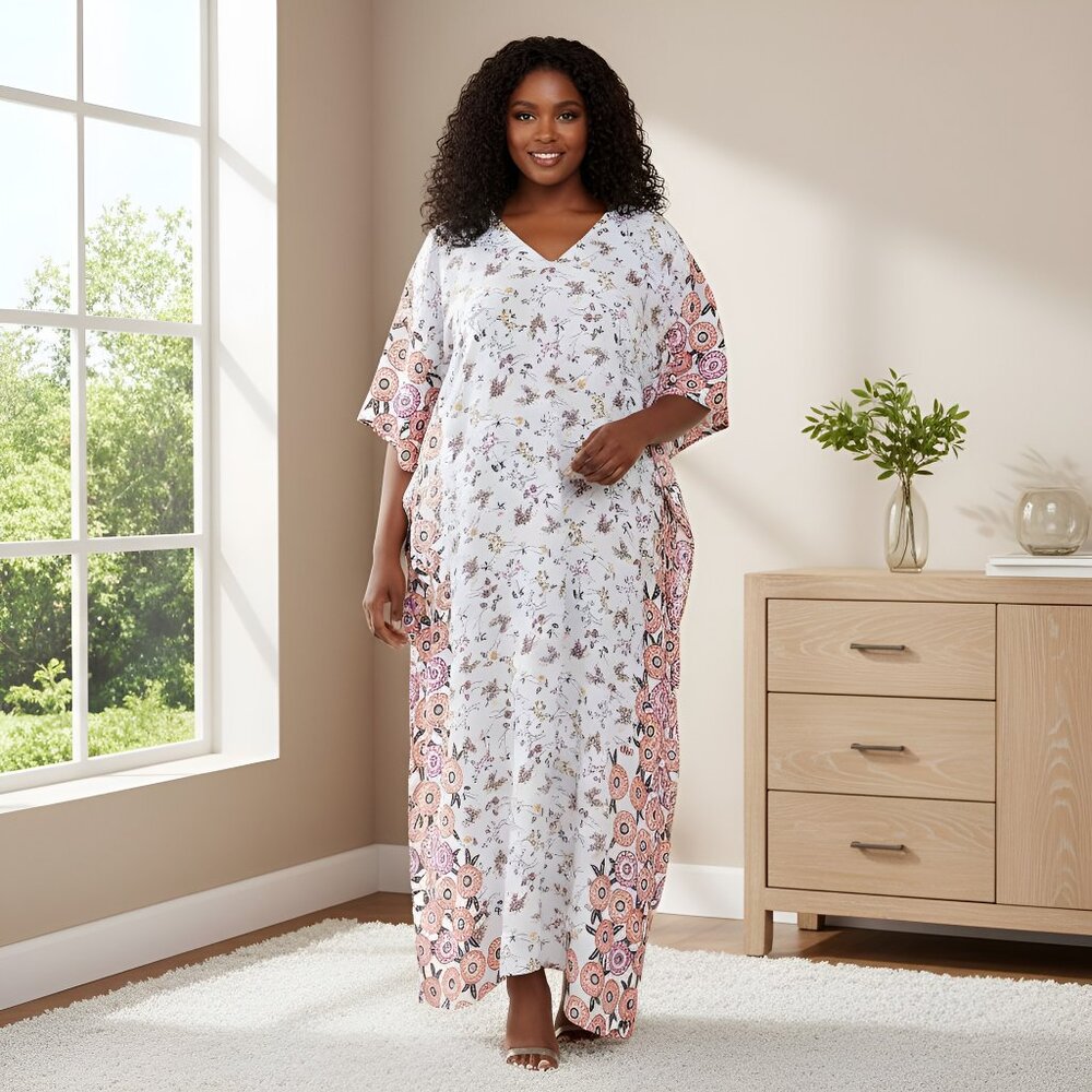 Gypsie Blu Women White Floral Print Caftan Maxi Dress for Evening Party Gown